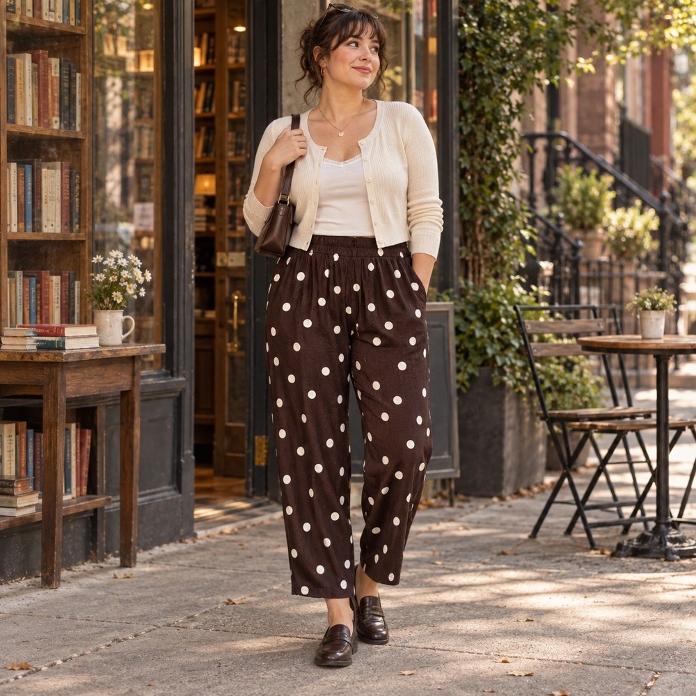 Old Navy Brown Polka Dot Pull-On Ankle Pants Women's XL Twee Straight Leg